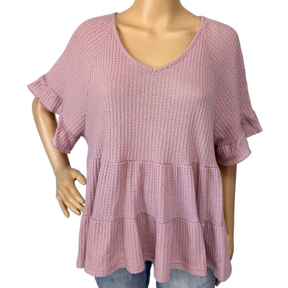 2/$15 Simply Southern Ruffle Tier Waffle Knit Top Pink Short Sleeve Size L - Picture 2 of 8
